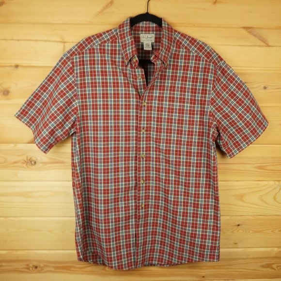 LL Bean Red Plaid Short‎ Sleeve Button Up Shirt Size Medium - Picture 2 of 6